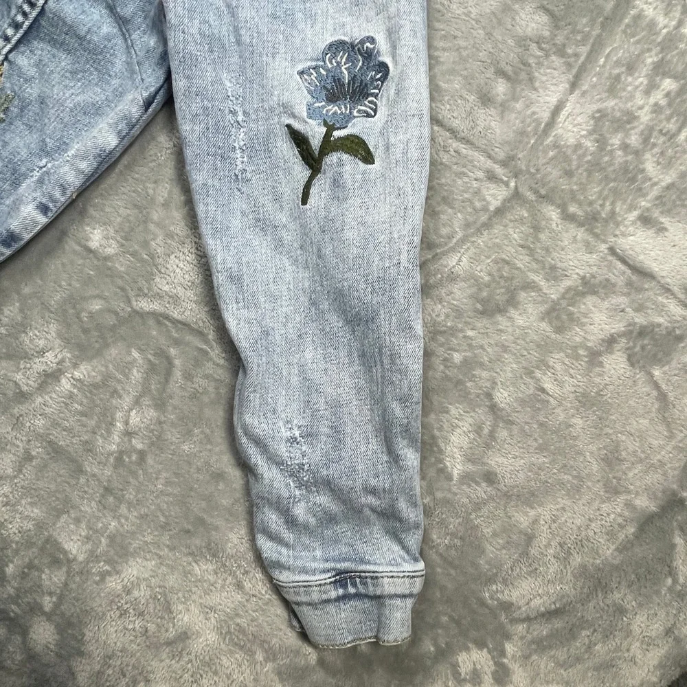 Zara Girls Embroidered Denim Jacket Light Wash Floral Bee Ladybug‎ Blue Size 14